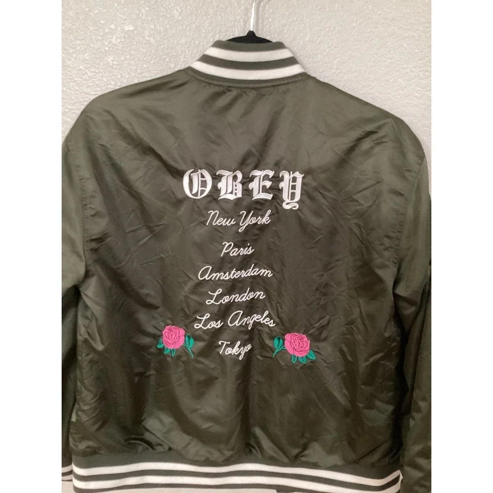 Obey Worldwide Olive Green Bomber Jacket Embroidered Cities‎ Roses Womens Small